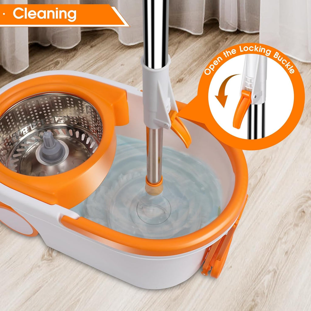 Spin Mop and Bucket with Wringer Set, 57" Adjustable Handle, Stainless Steel Bucket with 2 Wheels, 6 Microfiber Mop Pads L356601
