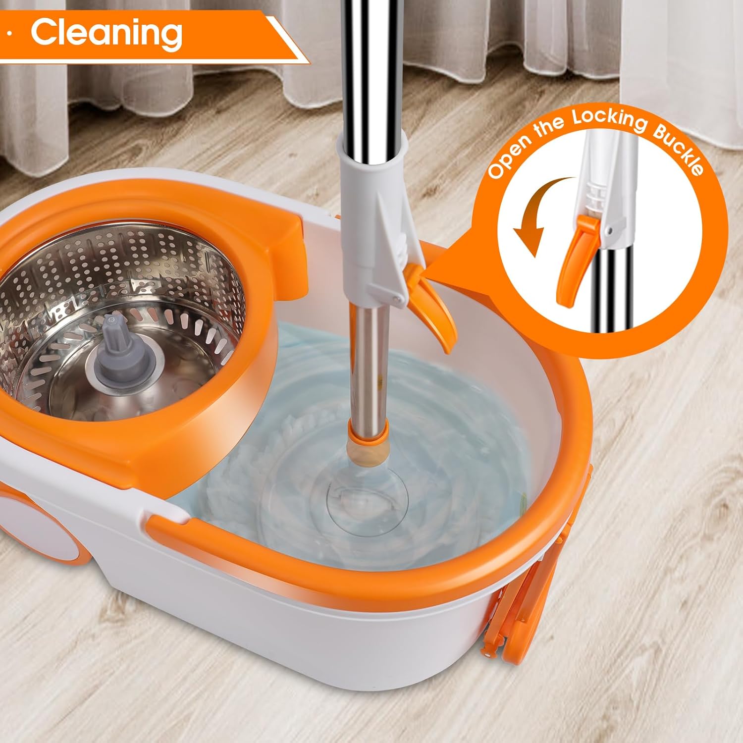 Spin Mop and Bucket with Wringer Set, 57" Adjustable Handle, Stainless Steel Bucket with 2 Wheels, 6 Microfiber Mop Pads L356601
