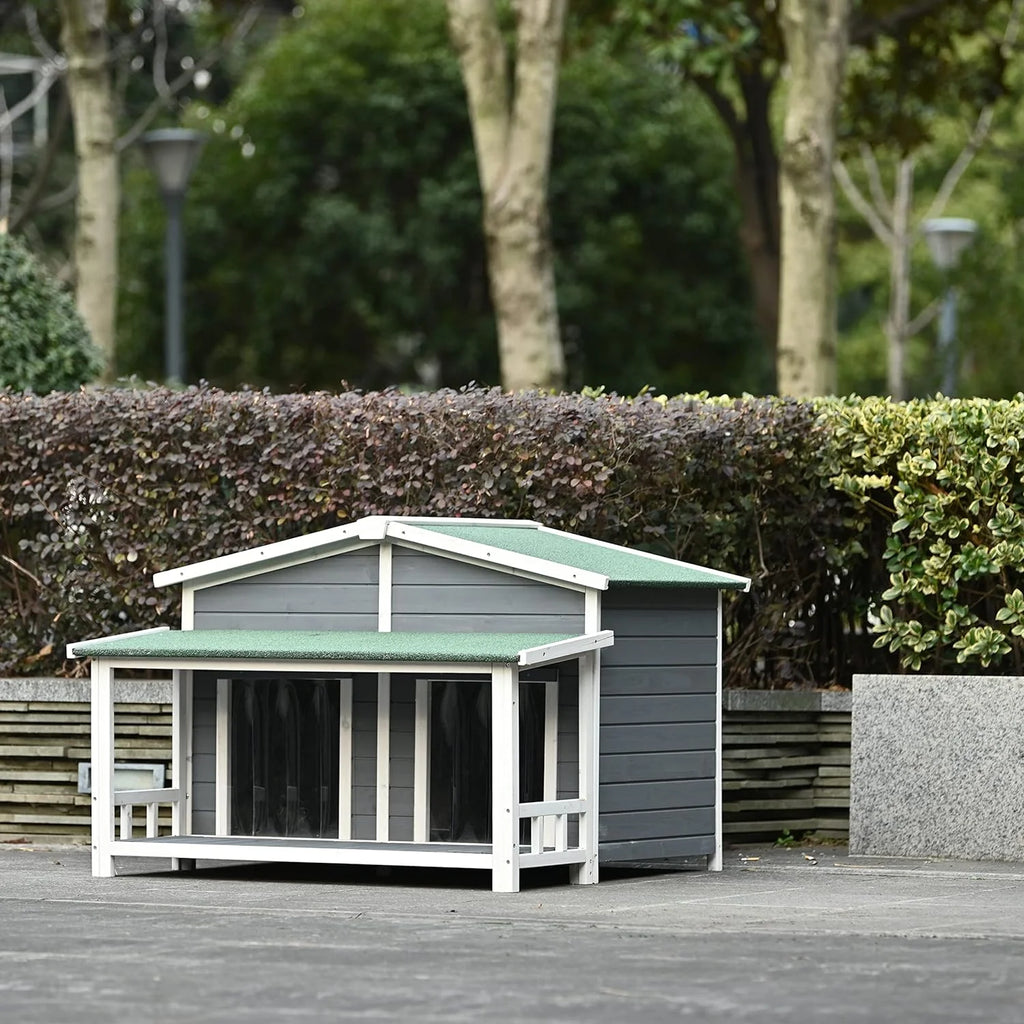 Gray Green Wooden Dog House with Porch 2 Doors S412