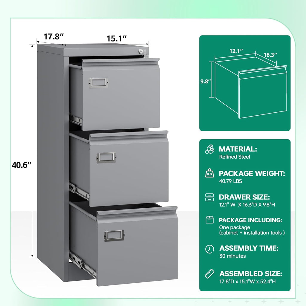 3 Drawer Grey Metal File Cabinet P89041