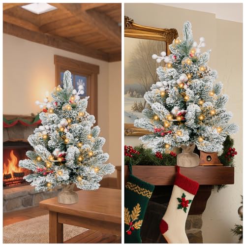 2FT Pre-lit Mini Christmas Snow Flocked Tree with LED Lights V455