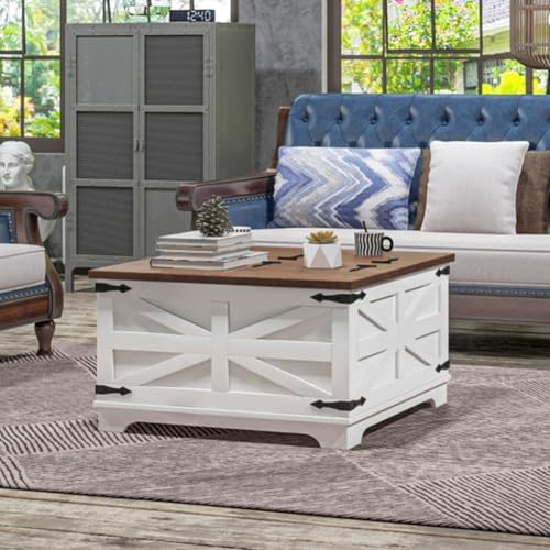 Distressed White & Brown Square Storage Coffee Table with Hinged Lift Top V924299