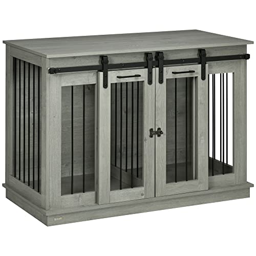 Large Dog Crate Furniture with Divider, Double Doors, 47" W x 23.5" D x 35" H, Oak W2566