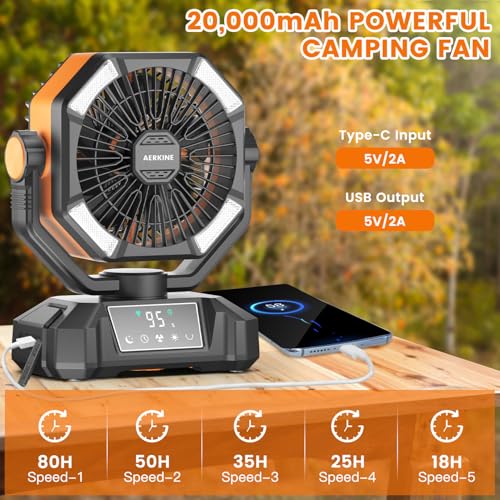 20000mAh Rechargeable Oscillating Camp Fan with LED Light and Remote W904