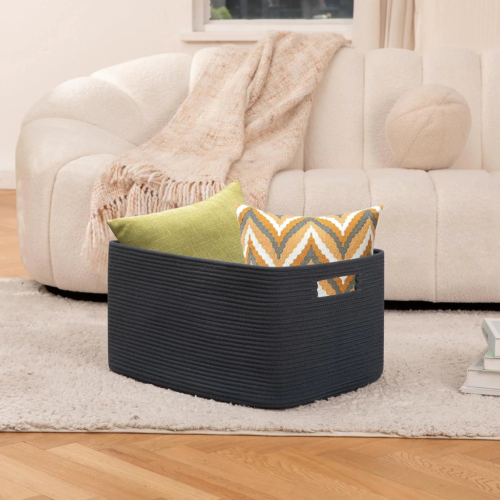 75L Large Woven Cotton Rope Blanket Storage Basket with Handle T4989