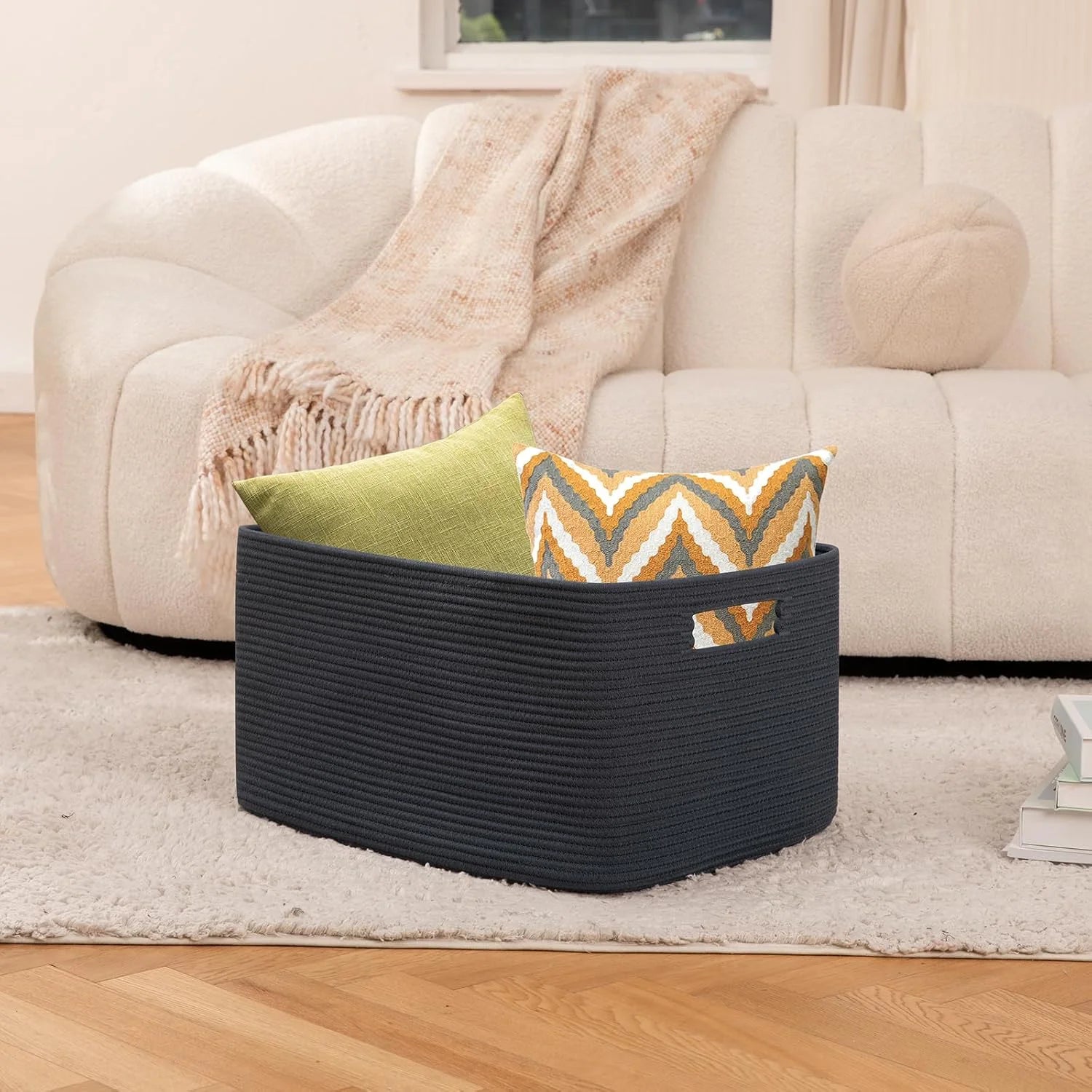 75L Large Woven Cotton Rope Blanket Storage Basket with Handle T4989