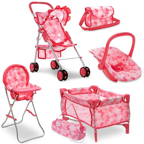Baby Doll Stroller Bed and Seat Nursery Playset Accessories Furniture Set High Chair Diaper Bag Role Play Deluxe Set O455294