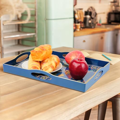 Blue Plastic Serving Tray with Handles, 15.7” x 10.2” x 1.37” V503529