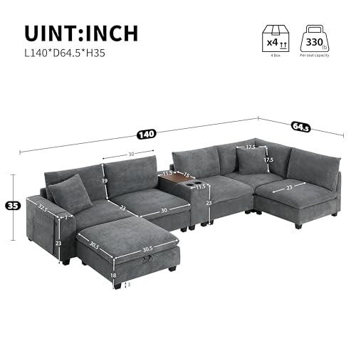 Oversized Modular Sectional Sofa with Storage Ottoman and Console, Gray W2490