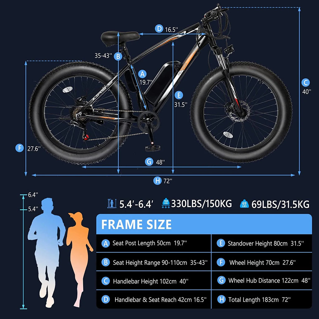26" Fat Tire Electric Mountain Bike 500W 48V 13AH Removable Battery Shimano 7 Speed E238