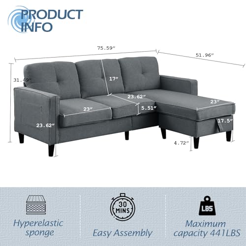 76inch Linen Grey 3 Seater L Shaped Sectional Sofa with Ottoman T166204