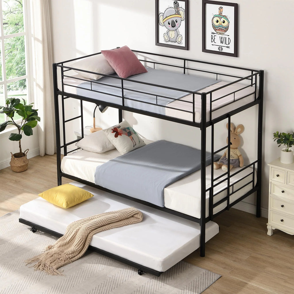 Black Twin Over Twin Metal Bunk Bed with Trundle W353