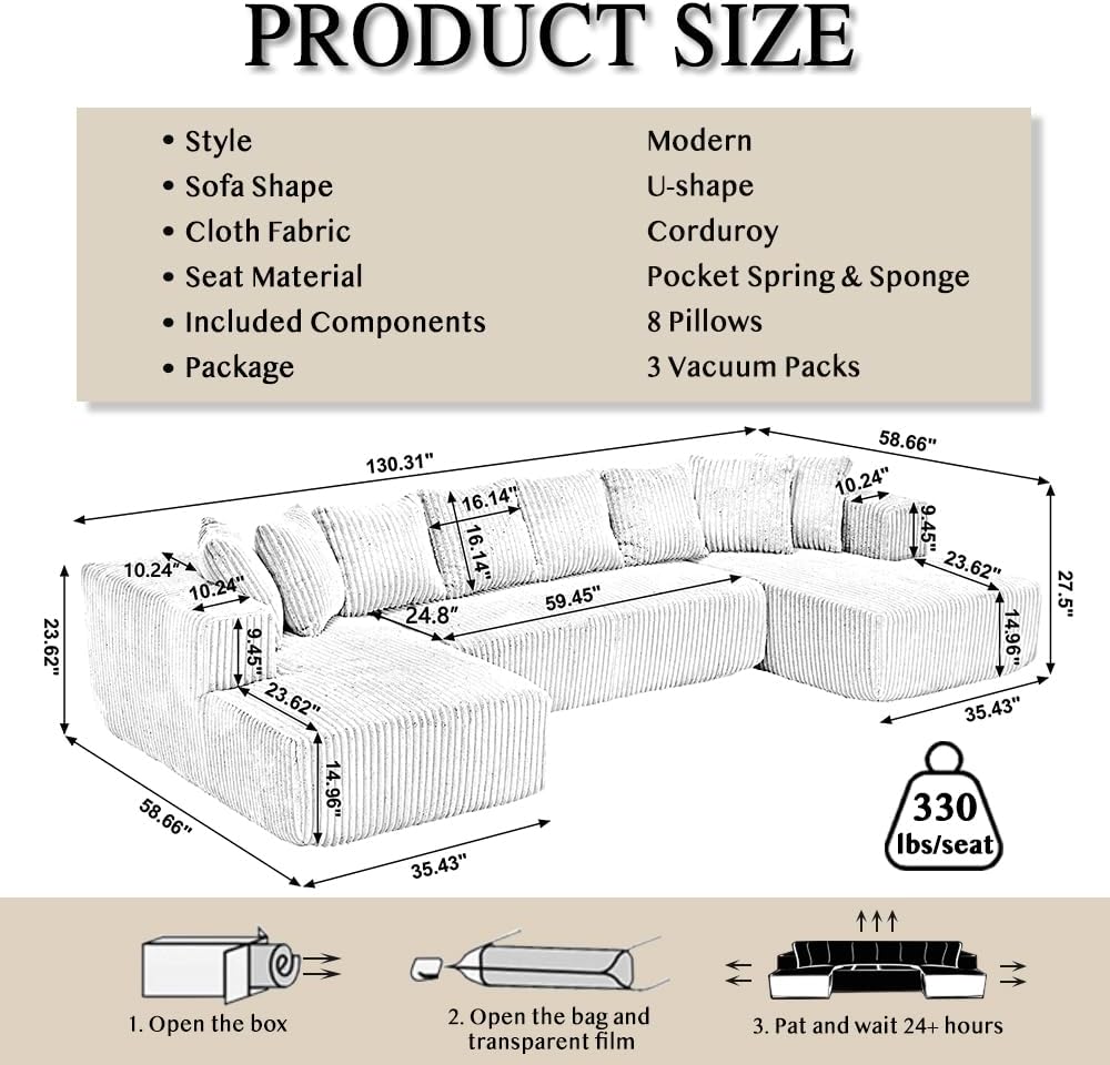 Blue Corduroy Modular Sectional Sofa with 8 Pillows P99253