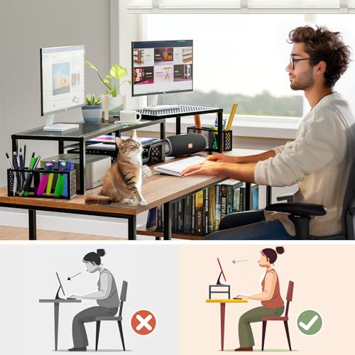 Black Dual Metal Monitor Stand Riser with Drawer and Pen Holder F8890