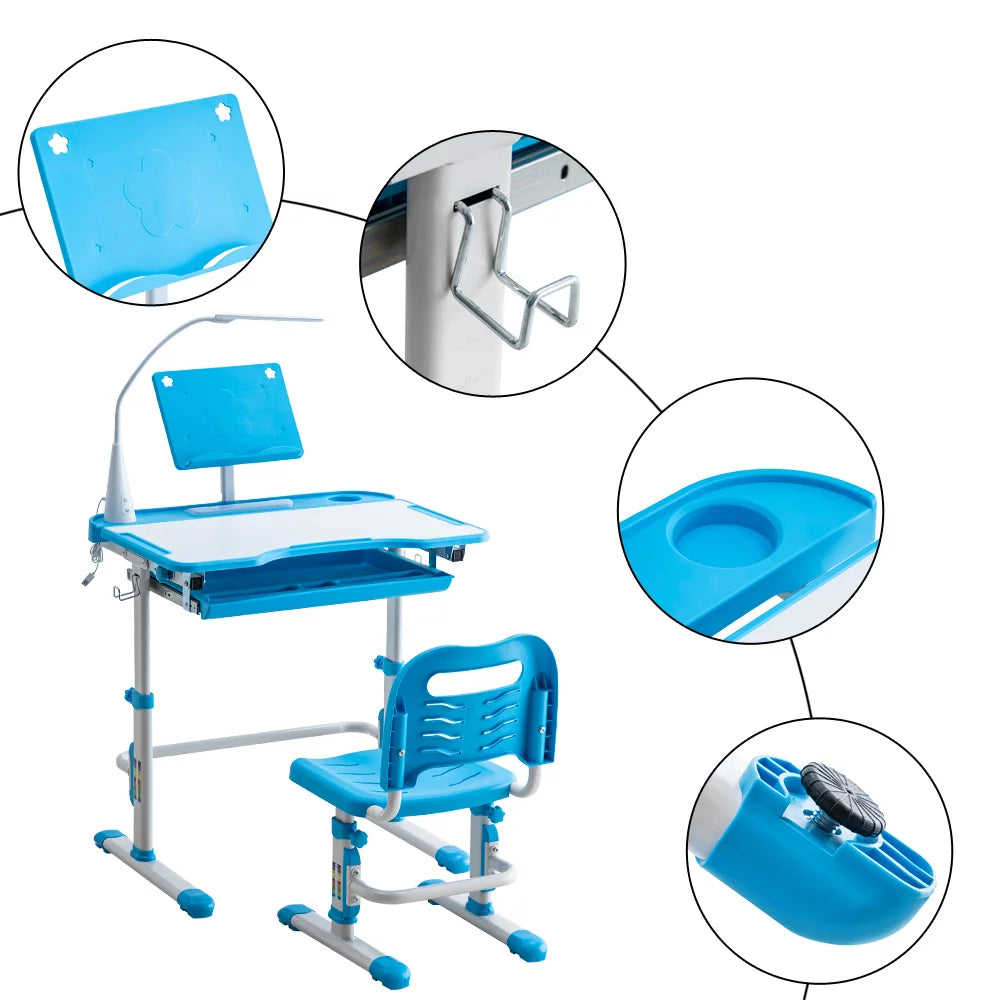 Height Adjustable Wood Kids Desk and Chair Set with Led Light and Bookstand V280347