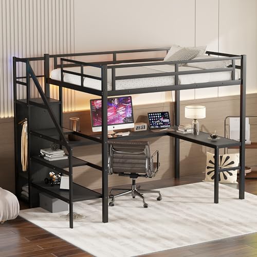 Black Full Size Gaming Loft Bed with Desk and Shelves P77710