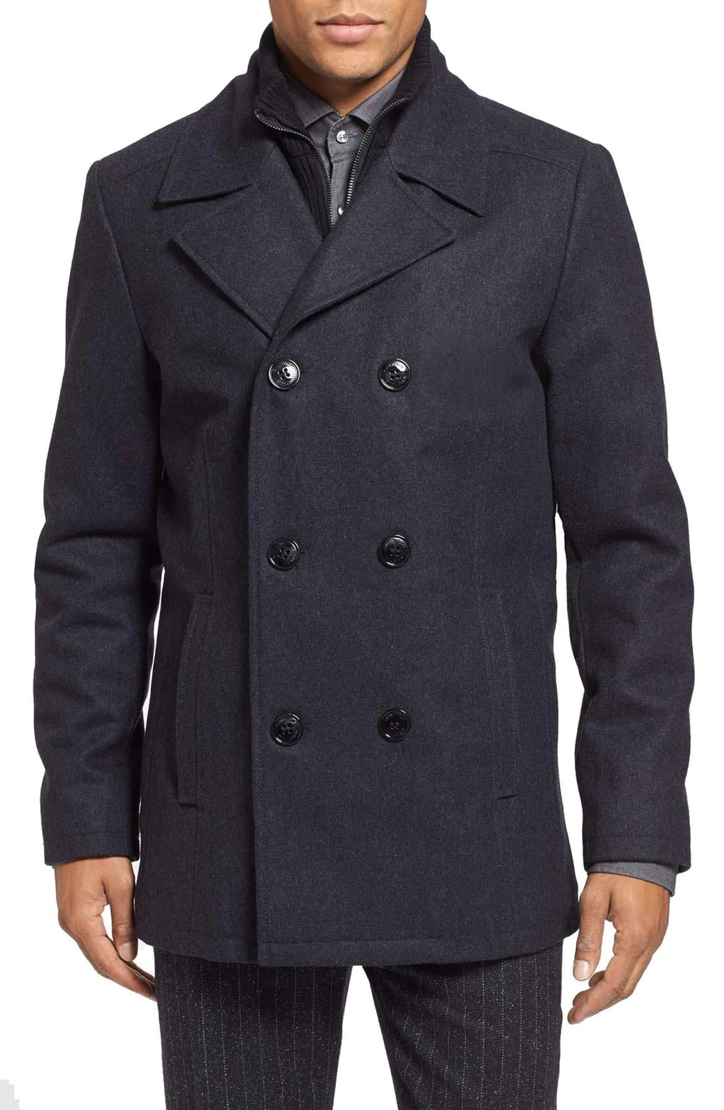 Blue Double Breasted Wool Blend Peacoat A6773