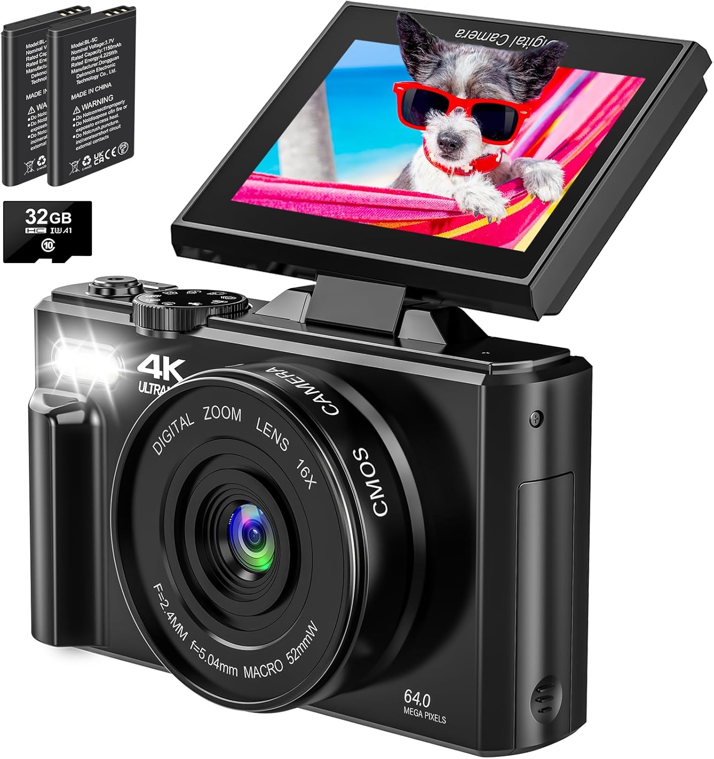 64MP 4K Digital Camera with 18X Zoom, 3.0 inch Flip Screen, 32GB SD Card, 2 Batteries H24924