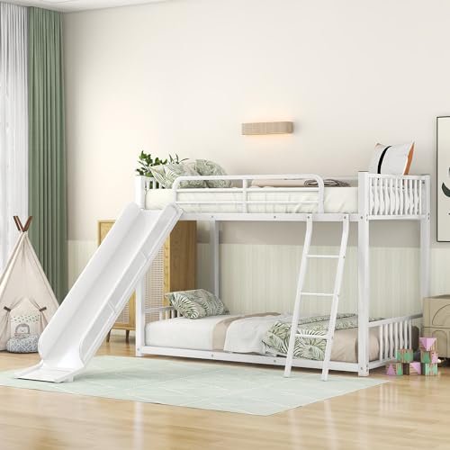 Twin Over Twin Low Bunk Bed with Slide and Ladder Y31530