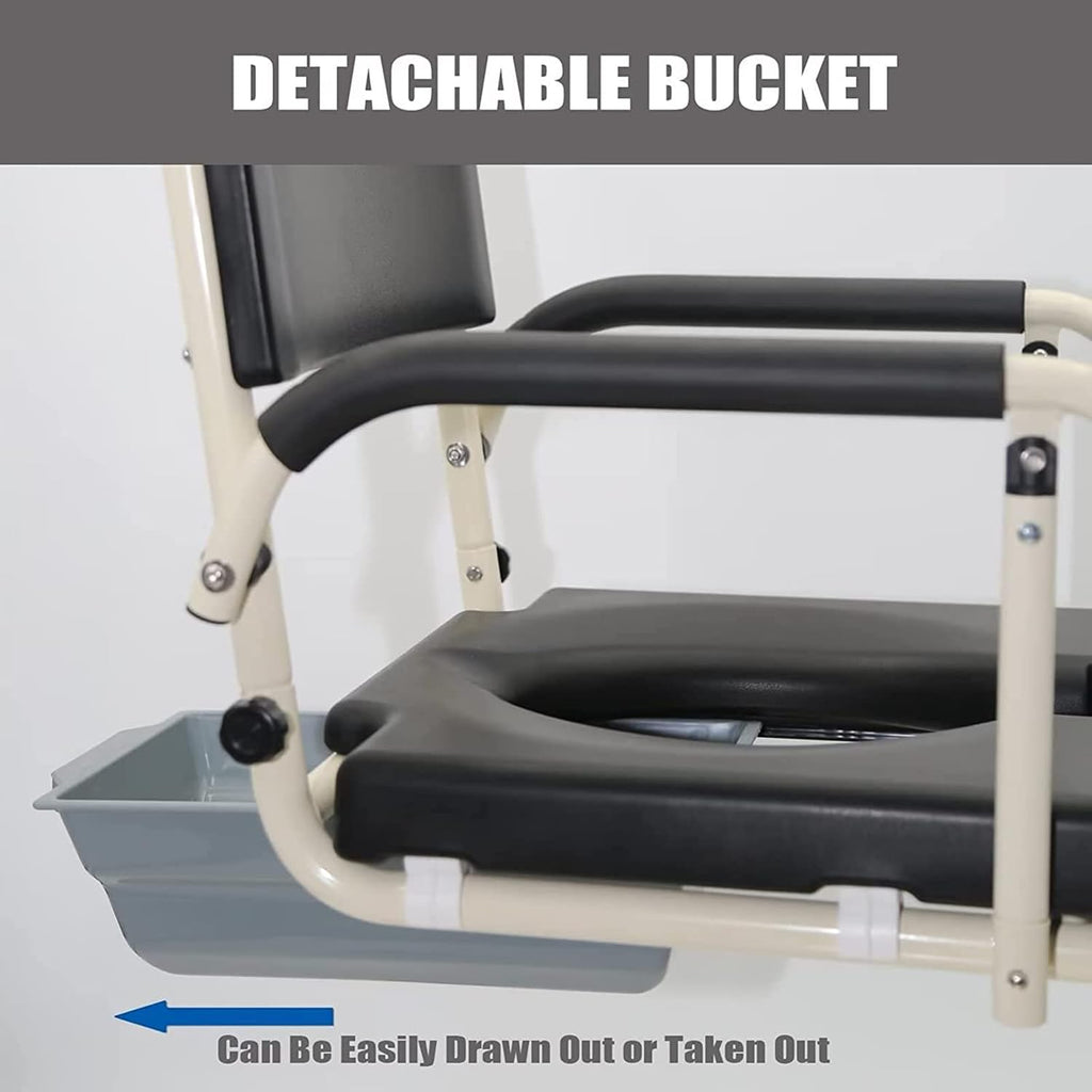 Shower Commode Wheelchair with Lockable Wheels, Drop Arms and Removable Pail, Adjustable Height J4416