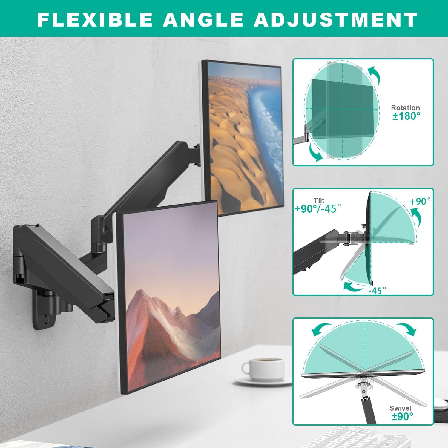 Dual Monitor Wall Mount for Two 17-32 inch Flat/Curved Screens, Height Adjustable Gas Spring, VESA 75/100 S619005
