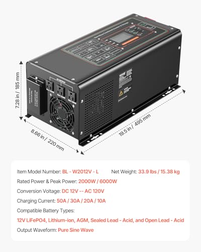 2000 Watt DC 12V to AC 120V Pure Sine Wave Inverter Charger with LCD Display F681