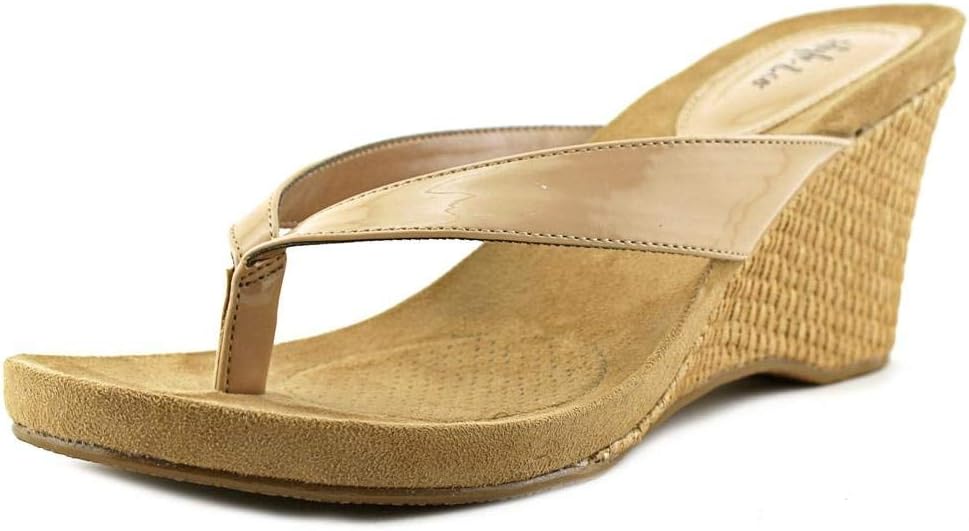 Beige Patent Thong Wedge Sandals U6147