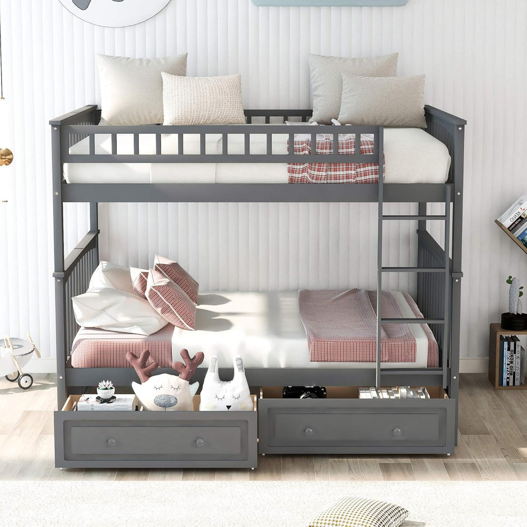 Gray Wood Full Over Full Bunk Bed with Drawers N328