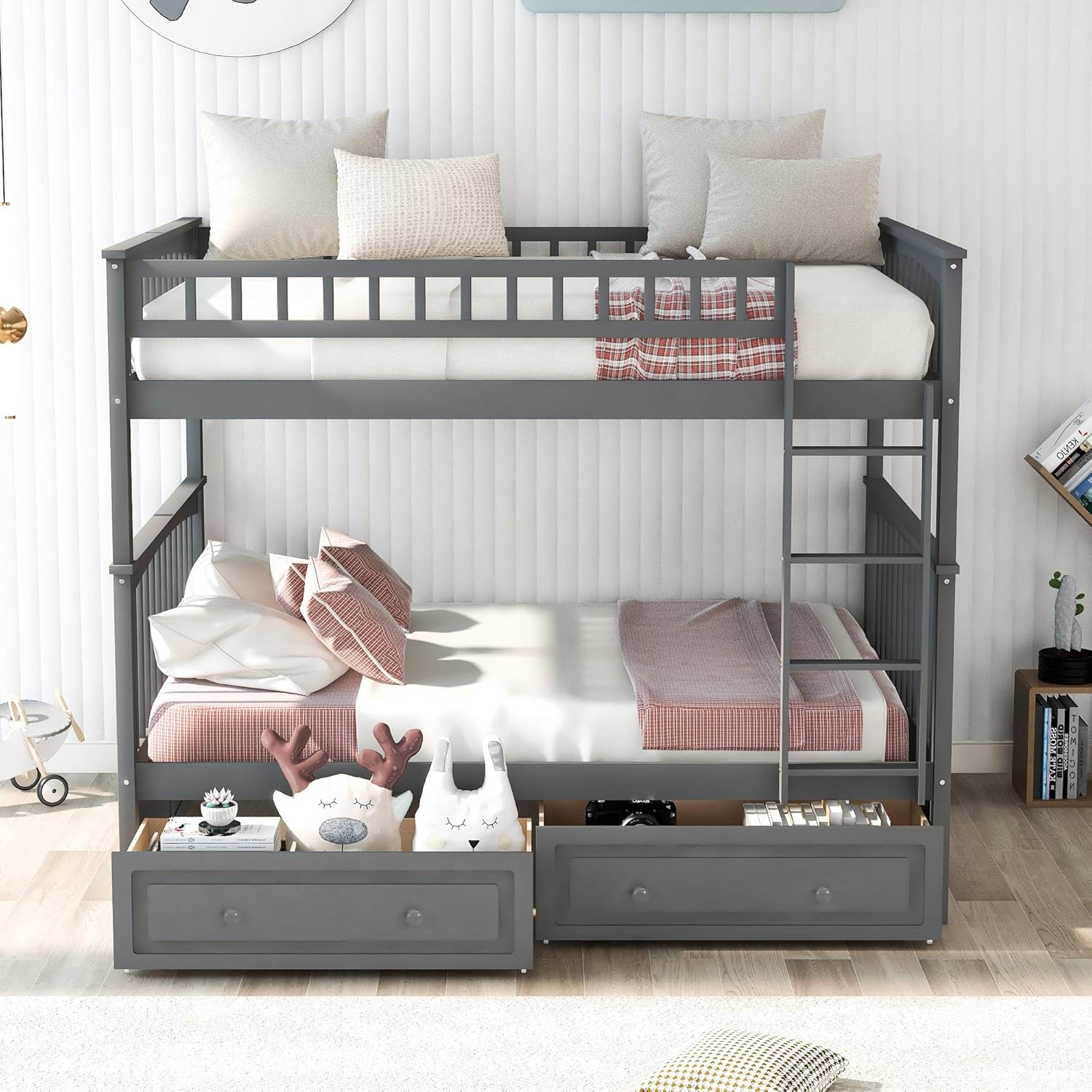 Gray Wood Full Over Full Bunk Bed with Drawers N328