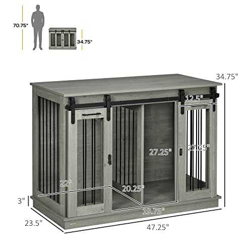 Large Dog Crate Furniture with Divider, Double Doors, 47" W x 23.5" D x 35" H, Oak W2566