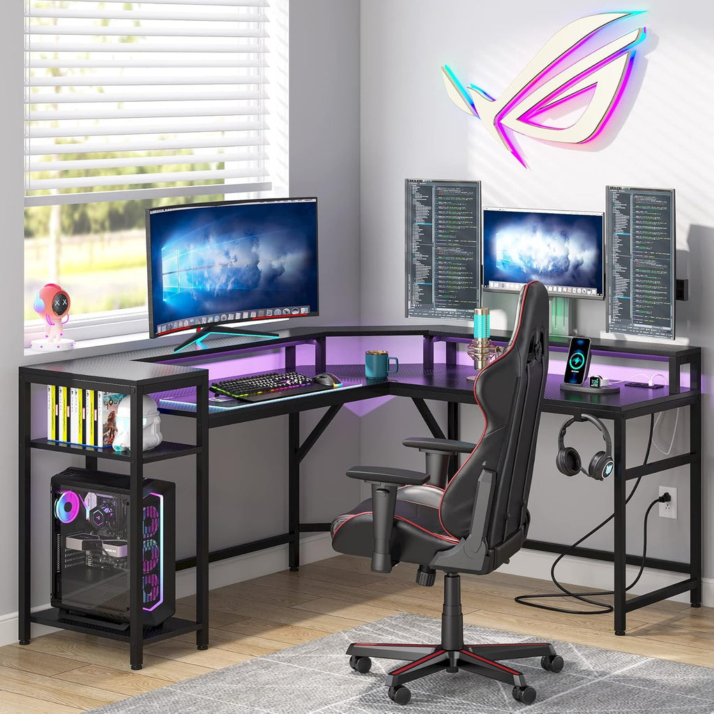 Black L Shaped Gaming Desk with Power Outlet & LED Stripe E35660