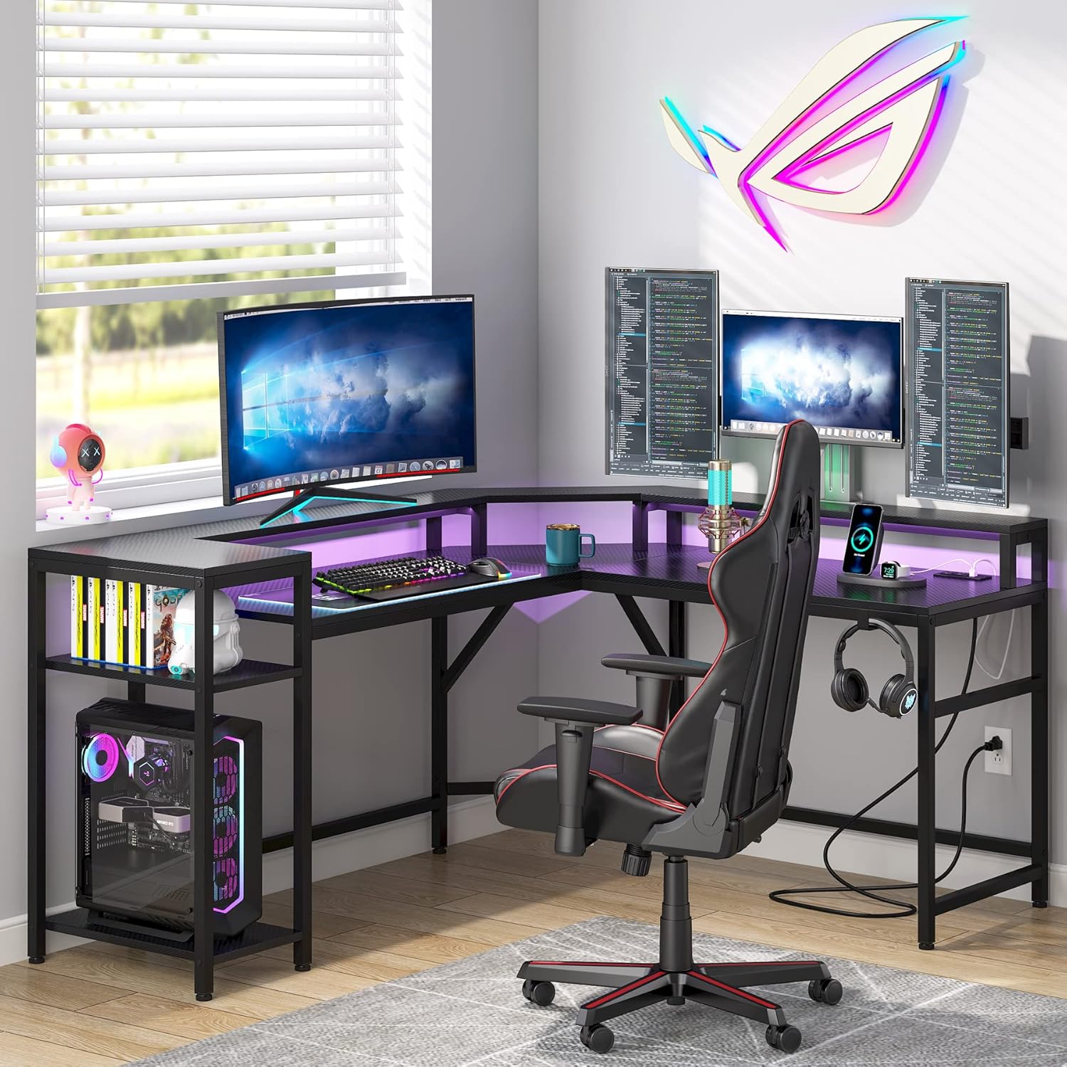 Black L Shaped Gaming Desk with Power Outlet & LED Stripe E35660