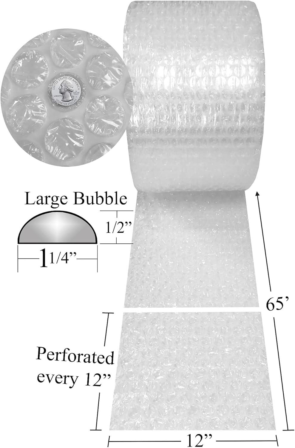 Bubble Cushioning Wrap 12"x65' Large Bubbles 1/2" Perforated Every 12", clear Z136