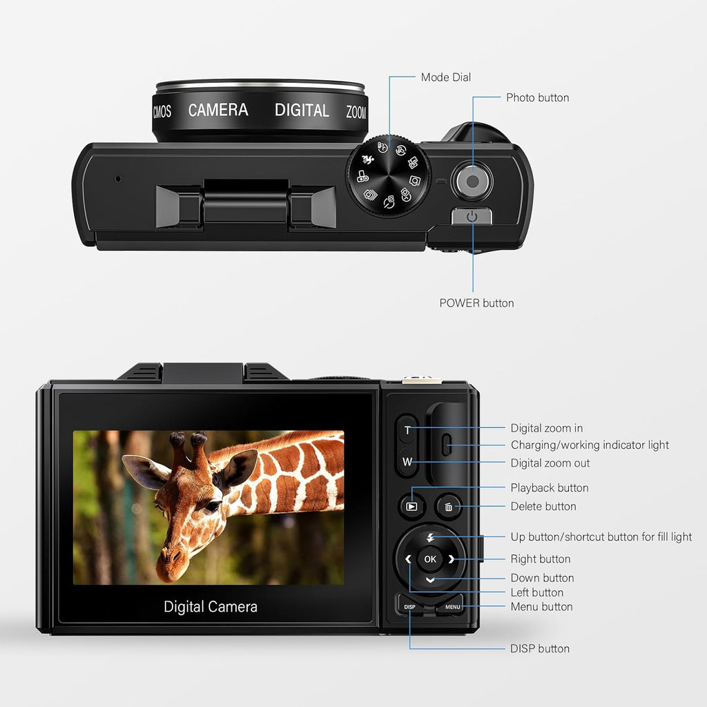 64MP 4K Digital Camera with 18X Zoom, 3.0 inch Flip Screen, 32GB SD Card, 2 Batteries H24924