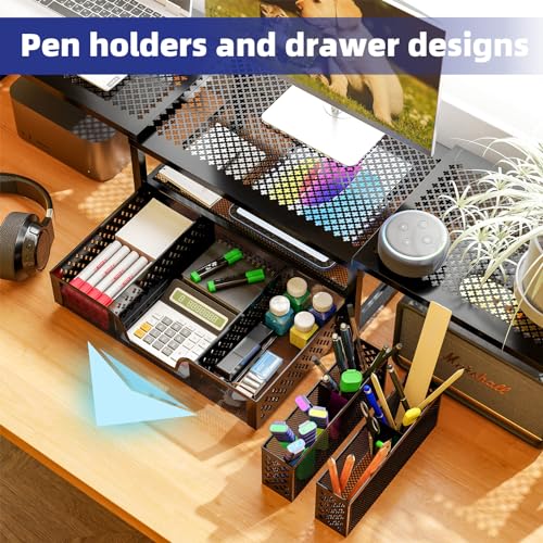 Black Dual Metal Monitor Stand Riser with Drawer and Pen Holder F8890