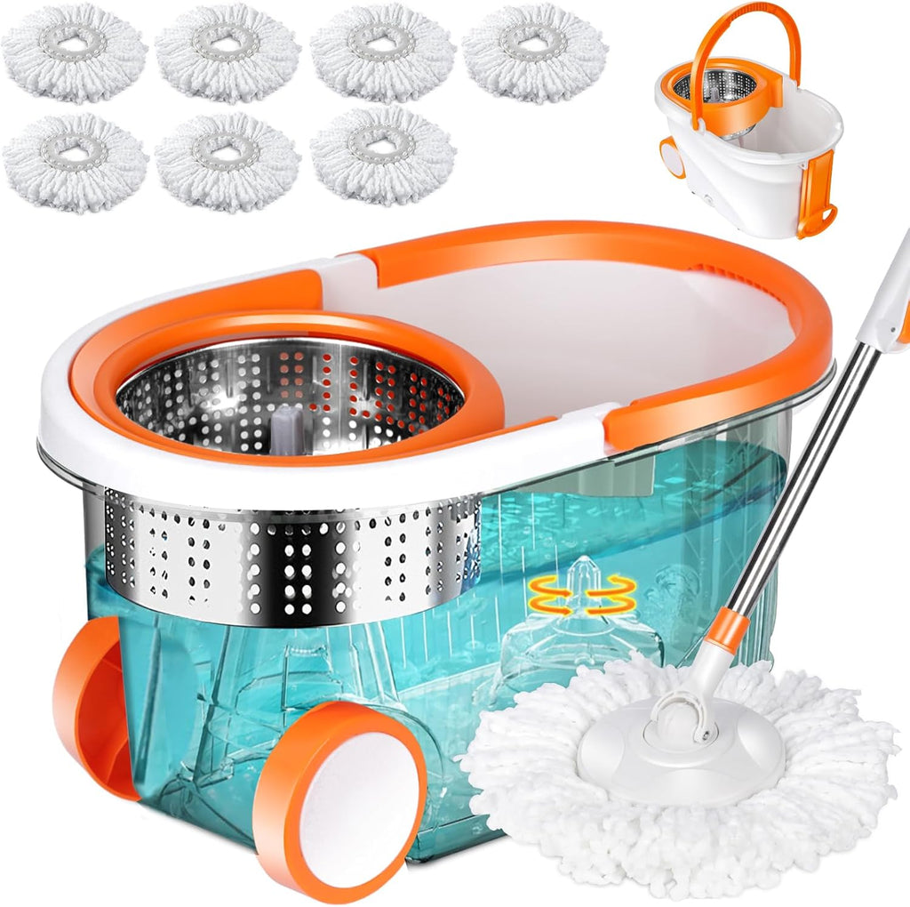 Spin Mop and Bucket with Wringer Set, 57" Adjustable Handle, Stainless Steel Bucket with 2 Wheels, 6 Microfiber Mop Pads L356601