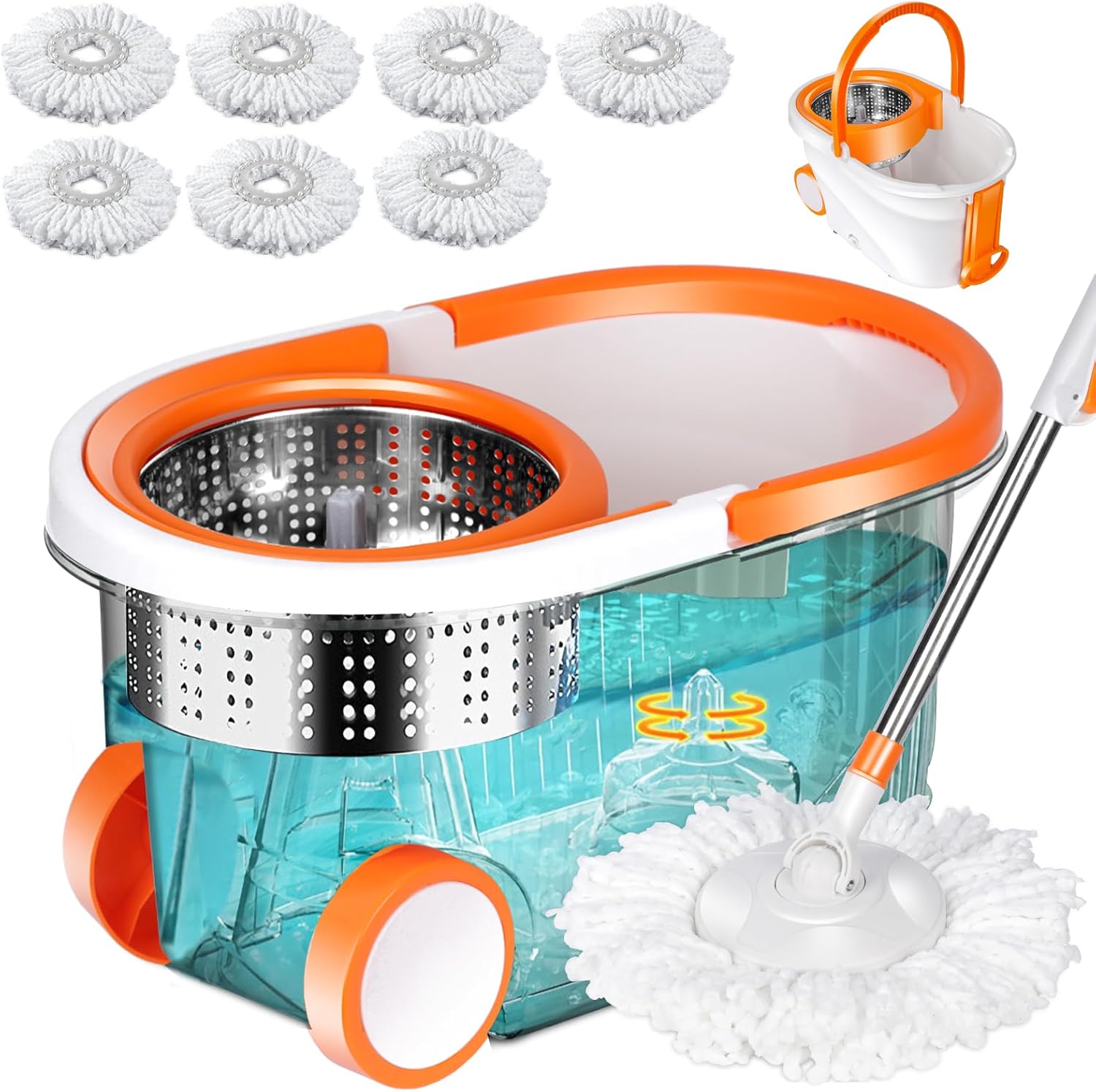 Spin Mop and Bucket with Wringer Set, 57" Adjustable Handle, Stainless Steel Bucket with 2 Wheels, 6 Microfiber Mop Pads L356601