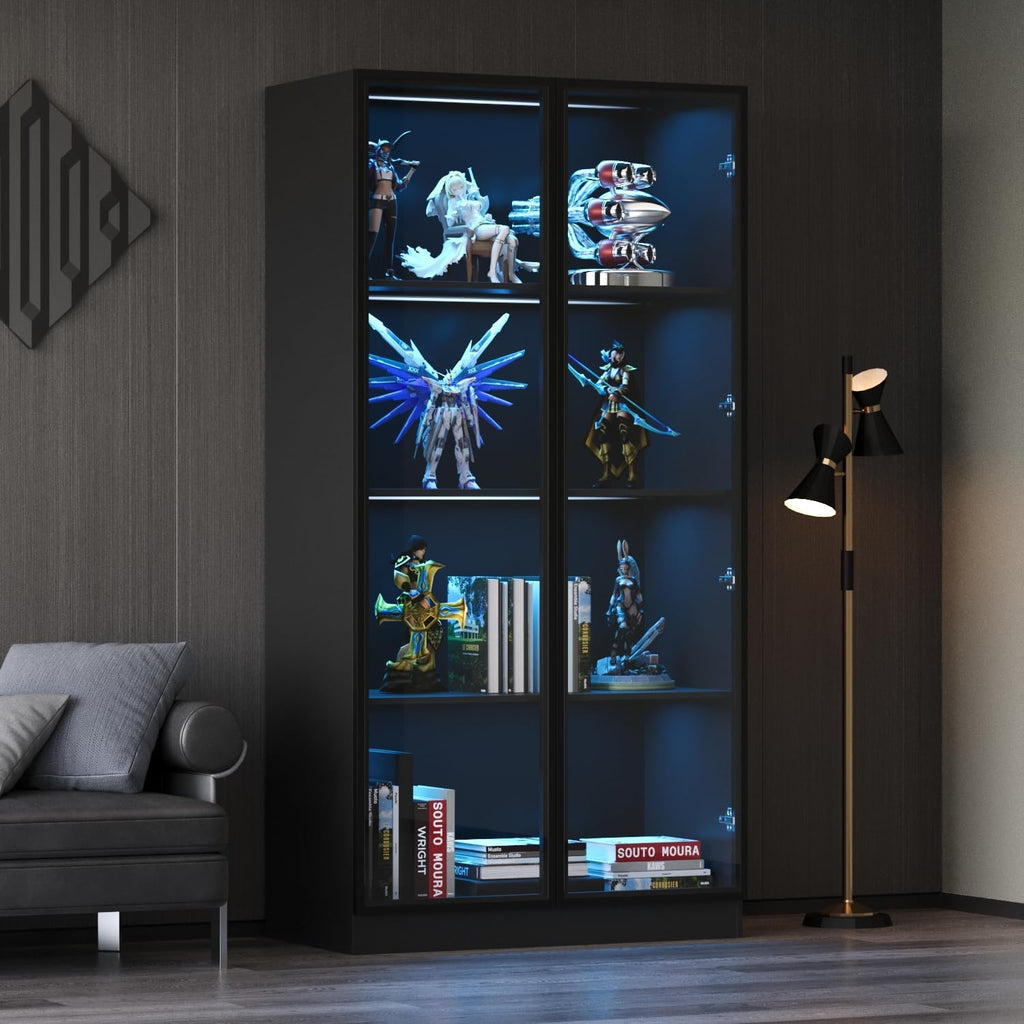 Black 4-Tier Display Cabinet with Glass Doors & Lights M9225