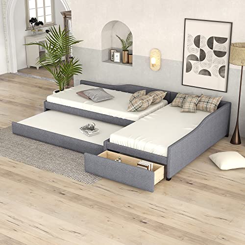L Shaped Upholstered Double Size Daybed with Trundle and Storage Drawer, Gray Y462
