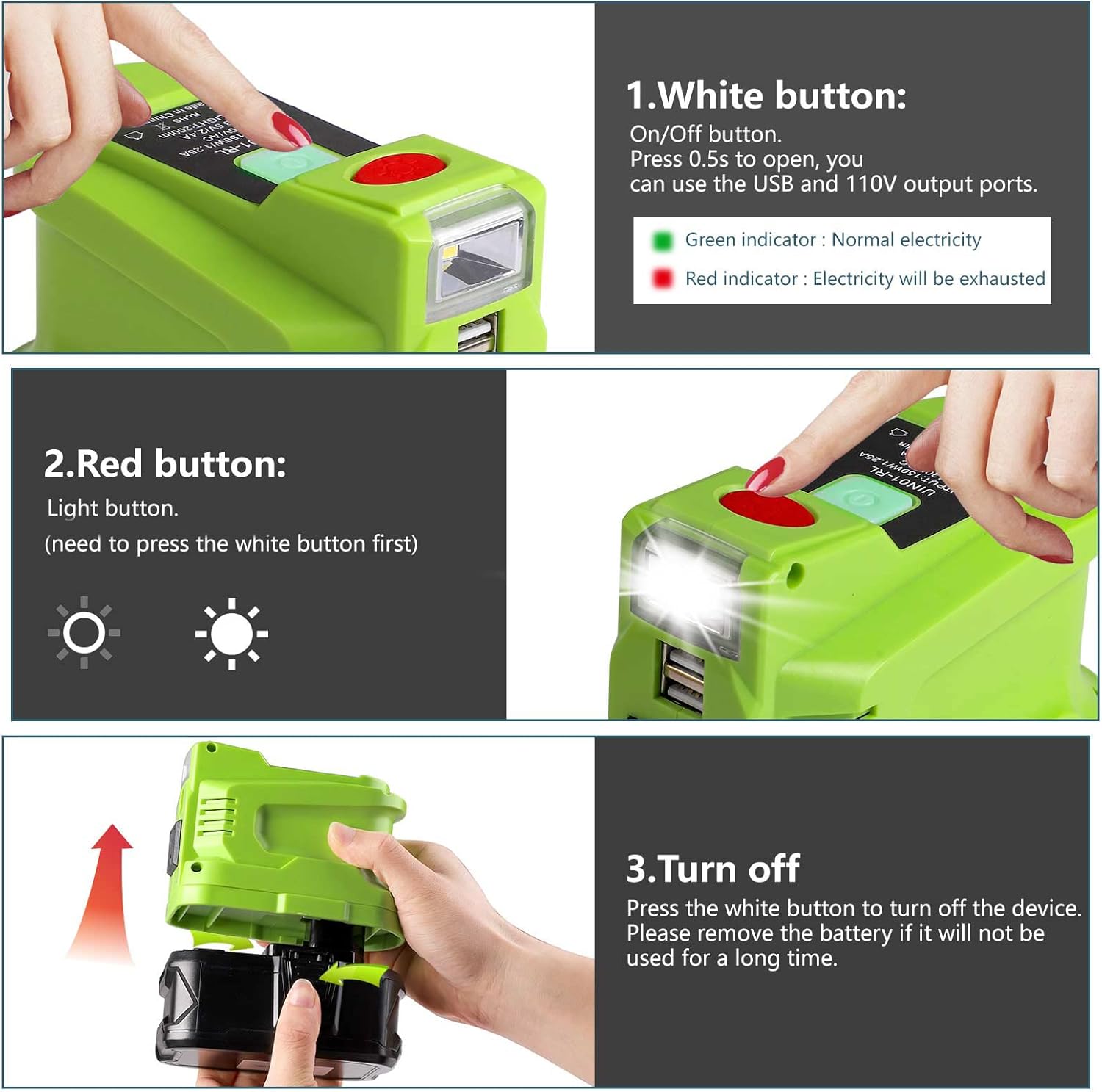 Portable Power Inverter Generator 150 Watt for 18V Battery to 110v/120v AC Output with USB Charger Adapter and LED Light Q747194