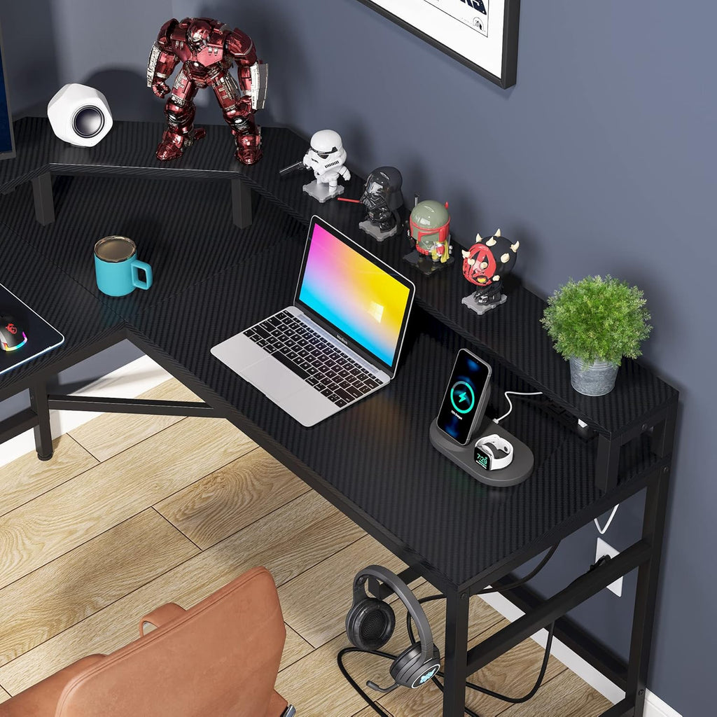 Black L Shaped Gaming Desk with Power Outlet & LED Stripe E35660