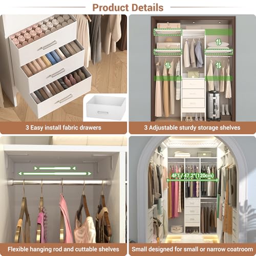 48" White Closet Organizer System with 3 Fabric Drawers and 3 Adjustable Shelves K7346