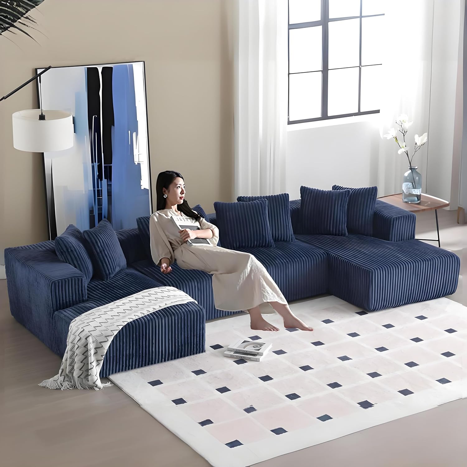 Blue Corduroy Modular Sectional Sofa with 8 Pillows P99253