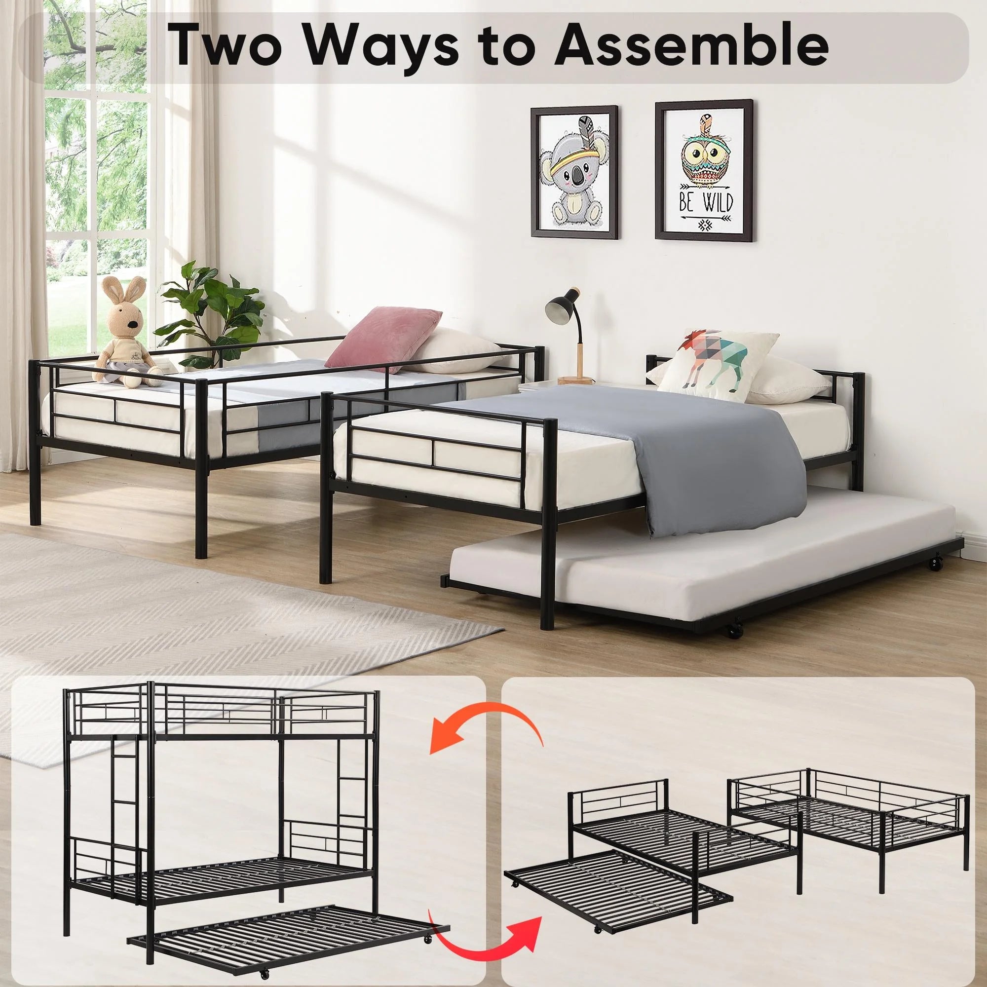 Black Twin Over Twin Metal Bunk Bed with Trundle W353