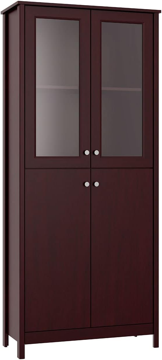 4-Door Bookcase in White with Glass and Wood J2388