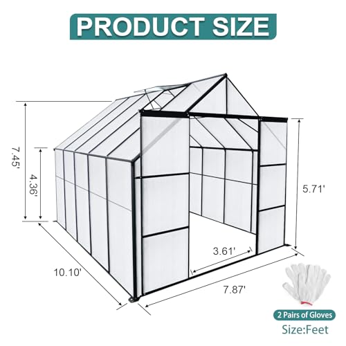 8x10FT Heavy-Duty Walk-in Greenhouse with Double Sliding Doors, Polycarbonate Panels, Aluminum Frame, Black X6013