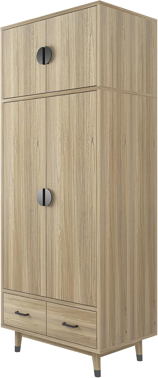 Oak 2-Door Wood Wardrobe Closet with 2 Drawers and Hanging Rod B948