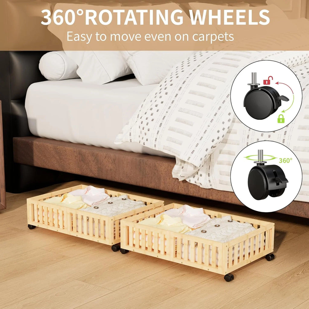 Bamboo Under Bed Storage with Wheels (2-Pack) Rolling Shoe Organizer Box D984562