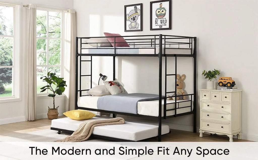 Black Twin Over Twin Metal Bunk Bed with Trundle W353