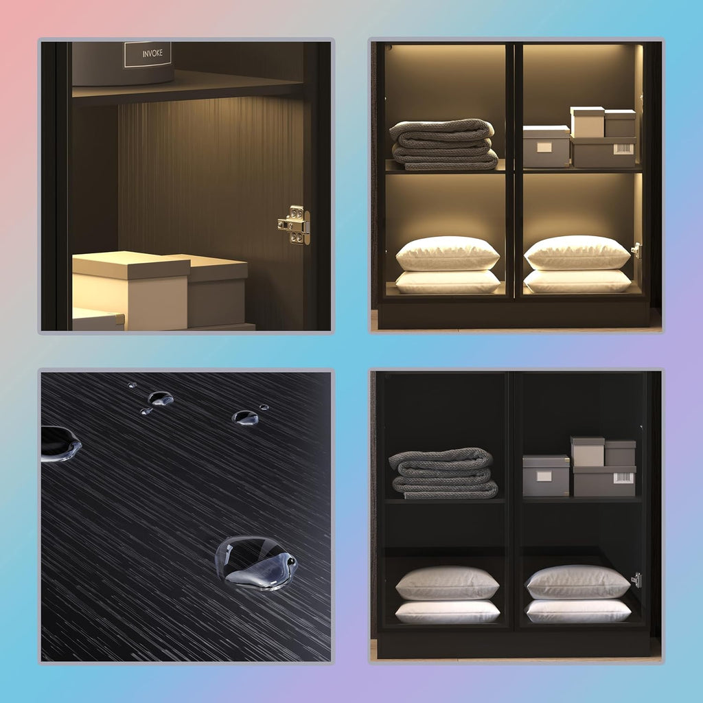 Black 4-Tier Display Cabinet with Glass Doors & Lights M9225